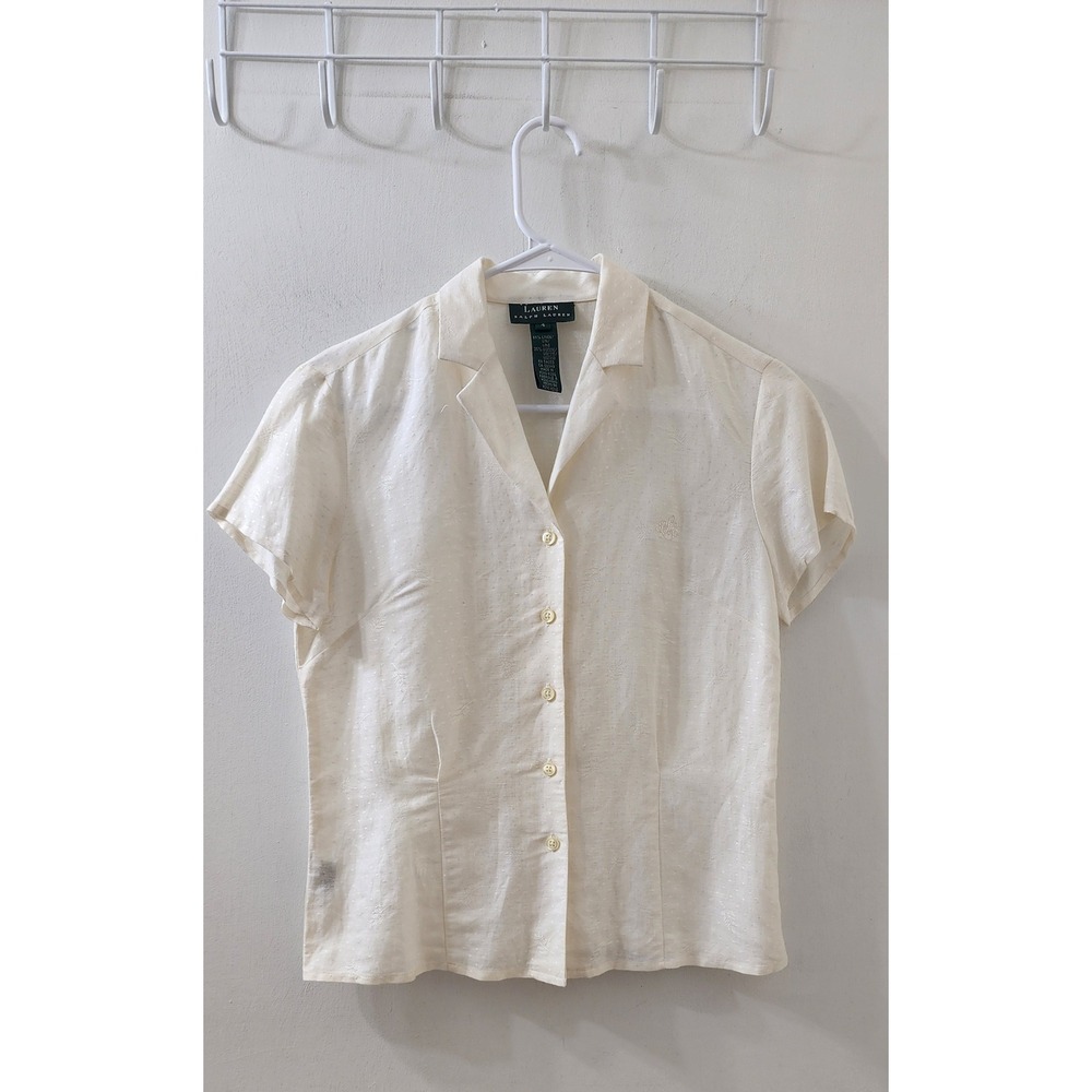 Lauren Ralph Lauren Cream Linen Blend Jacquard Button Down Shirt Size 4 Ivory